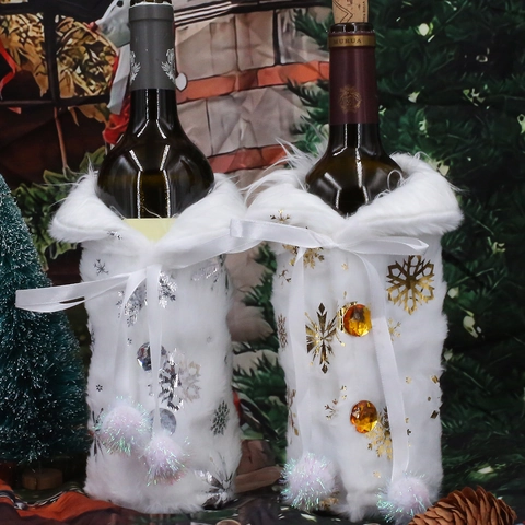 Christmas Faux Fur Wine Bottle Cover With Gold Silver Snowflake Satin Ribbon Bow Pom-poms For Xmas Dining Table Decor