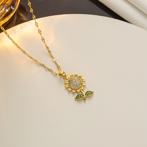 Collana Con Ciondolo A Girasole Acciaio Al Titanio Zircone Incastonato Pietra Verde Foglia Gioielli Minimalisti Donna