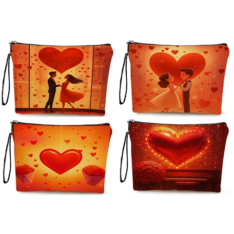 Romantic Heart Print Makeup Bag Fine Linen Zippered Cosmetic Pouch Portable Travel Organizer For Women Valentines Gift