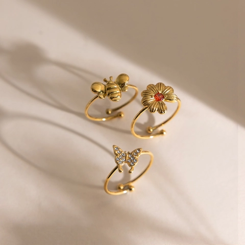 Anelli Aperti in Acciaio Inossidabile con Strass per Donna Margherita Ape Farfalla Anelli Regolabili Gioielli di Moda