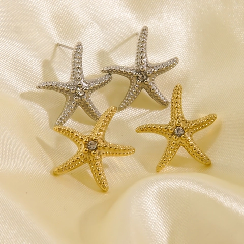 Starfish Stud Earrings Stainless Steel 14K Gold Plated Ocean Sea Star Shape With Zircon INS Style Jewelry For Women