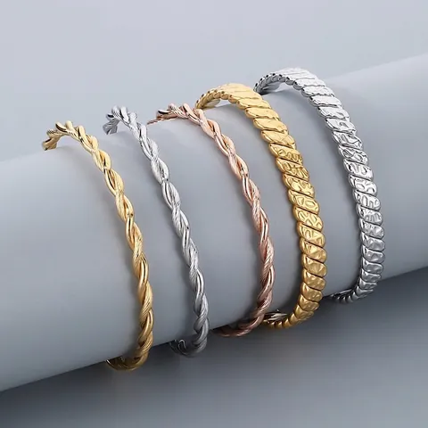 Stainless Steel Twisted Rope Cuff Bracelet C Shaped Open Bangle Ribbed Texture Minimalist Vintage Jewelry For Men Women