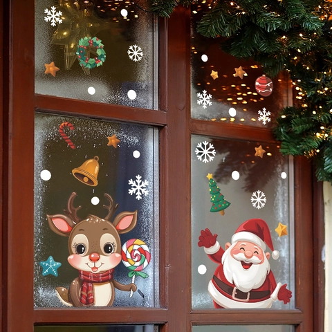 Christmas Static Window Cling Stickers Santa Claus Reindeer Snowflake PVC Decals Removable Festive Holiday Decor