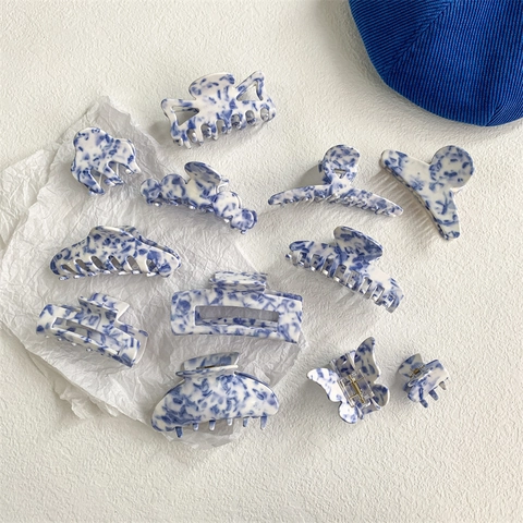 Acetate Blue And White Marble Hair Clip Claw Elegant Porcelain Pattern Shark Duckbill Clip For Women Hair Accessory