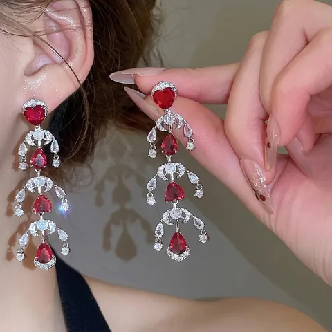 Red Heart Waterdrop Zircon Drop Earrings Copper With 925 Sterling Silver Earring Post Vintage Palace Style Elegant Women
