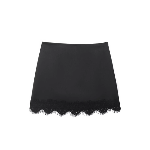 Mini Jupe Femme Noir Tissu Satin Avec Bordure En Dentelle Cils Taille Haute Sexy Style Streetwear