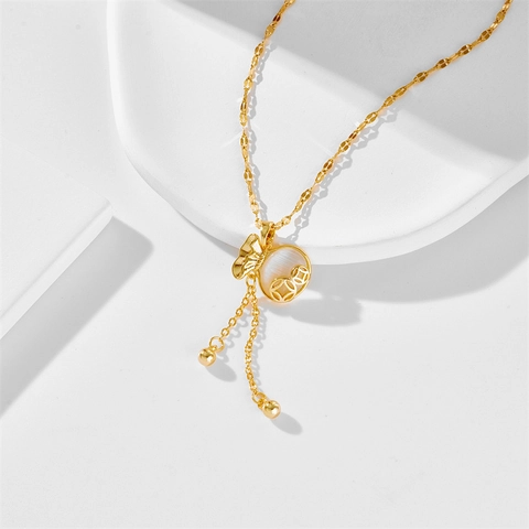 Titanium Steel Gold Plated Cat Eye Stone Fortune Bag Pendant Necklace With Tassel Vintage Lucky Coin Charm Jewelry For Women