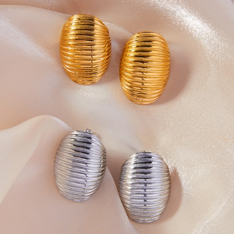Pendientes De Botón Ovalados De Acero Inoxidable Textura Acanalada Forma De Capullo Joyería Minimalista Retro Para Mujer