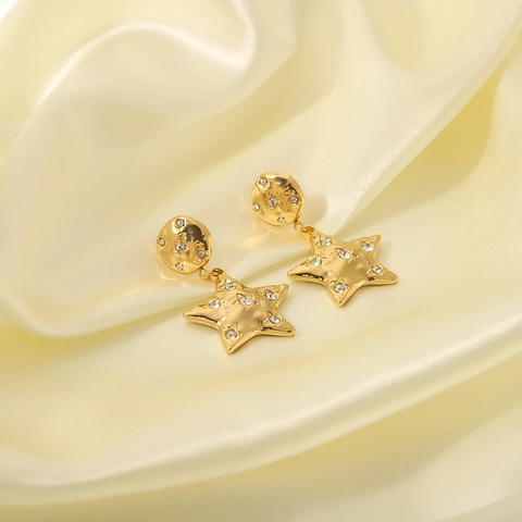 Star Dangle Earrings Stainless Steel 18K Gold Plated Hammered Texture Rhinestone Inlaid Geometric Women Jewelry