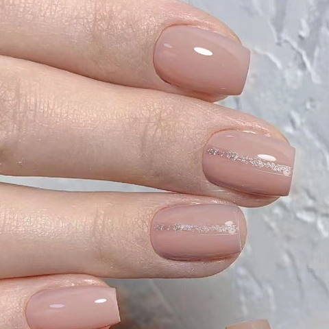 Press On Nails Nude Pink Cat Eye Silver Glitter Lines Short Square Shape Elegant False Nails
