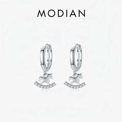 Orecchini A Cerchio Con Cavallo A Dondolo Argento Sterling 925 Con Zircone Bianco Gioielli Animali Di Moda Per Donne