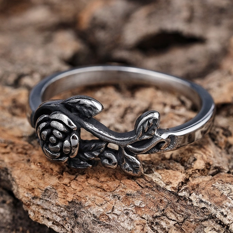 Rose Flower Ring Vintage 316L Stainless Steel Gothic Punk Thorny Branch Leaf Oxidized Silver Finish Unisex Band Jewelry