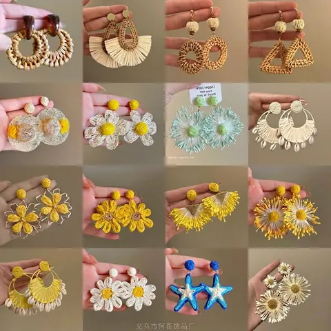 Orecchini In Paglia Intrecciata Con Fiori Stile Boho Vacanze Mare Gioielli In Lega Fatti A Mano Con Perno In Argento Per Donne
