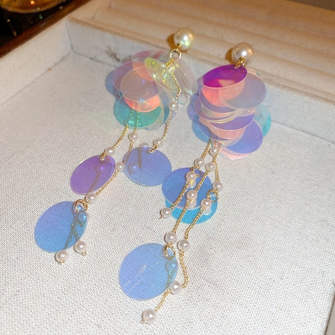 Pendientes Largos De Borla Con Lentejuelas Holográficas Láser E Imitación De Perla Artificial Con Poste De Plata De Ley 925 Para Mujeres