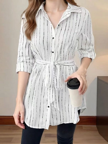 Vestido Camisero De Rayas Para Mujer Poliéster Manga Larga Solapa Con Botones Cinturón Casual Oficina Vestido Midi Blanco