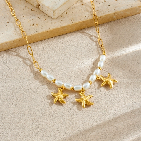 Collana Pendente Stella Marina Acciaio Inossidabile Perla Artificial Imitazione Catena Graffetta Placcato Oro Gioielli Spiaggia Estate Donna