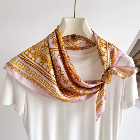Vierkante Sjaal Satijnachtig Satijn Barokprint Griekse Sleutelrand Elegante Haarb bandana Nekdoek Mode Dames