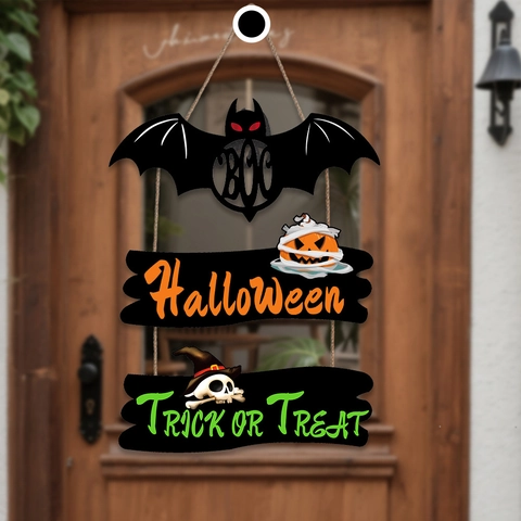 Halloween Wooden Hanging Sign Ghost Pumpkin Bat Boo Door Plaque Festive Wall Decor For Party Home Garden Halloween Supplies