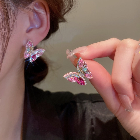 Colorful Rhinestone Butterfly Stud Earrings Alloy With 925 Sterling Silver Earring Post Vintage Elegant Jewelry Women