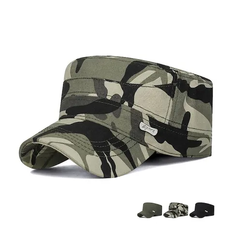 Cadet Cap Flat Top Military Hat Cotton Breathable Adjustable Outdoor Sport Metal Label Camouflage Sun Protection