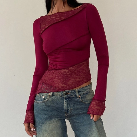 Sexy T-Shirt Voor Dames Slim Fit Lange Mouwen Ronde Hals Polyester Met Onregelmatige Kant Patchwork Doorzichtig Mode Top