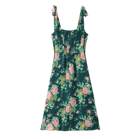 Floral Print Midi Dress Polyester Smocked Chest Bow Tie Straps Side Slit Vintage Style For Women