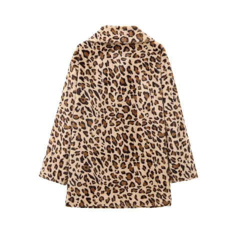Dames Luipaardprint Faux Bontjas Losse Lange Mouwen Revers Jas Winter Warme Bovenkleding Streetwear