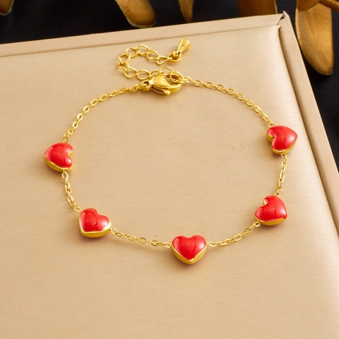 Mode Rotes Emaille Herz Anhänger Armband Gold Vergoldet Edelstahl Kette Verstellbarer Schmuck Für Damen Einfacher Stil