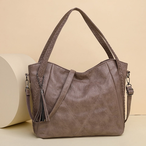 Bolso Tote de Gran Capacidad para Mujer Cuero PU Suave Acolchado Con Borla Asa Trenzada Bolso de Hombro Bandouliera Diario