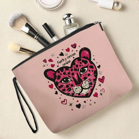 Borsa Trucco Stampa Leopardata Cuore Cotone Lino Pochette Cosmetica Con Cerniera E Cinturino Da Polso Organizzatore Da Viaggio Donna