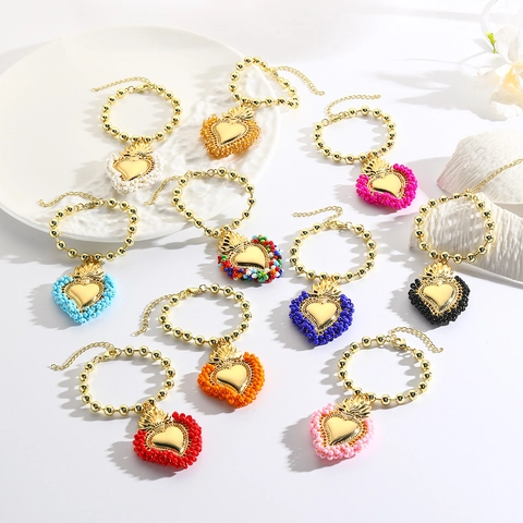 Heilig Herz Armband Kupfer Kugelkette Legierung Anhänger Bunte Perlen 18k Vergoldet Retro Bohème Schmuck Damen