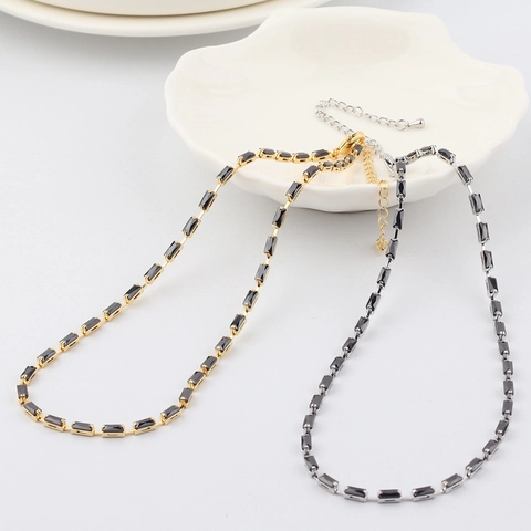 Collana Girocollo In Zircone Nero Rettangolare Rame Placcato Oro Strass Catena A Artiglio Geometrica Per Donna