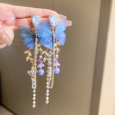 Orecchino Pendente Farfalla Nappa Ali Di Rete Cristallo Strass Perla Artificial Con Perno In Argento Gioielli Donna Eleganti