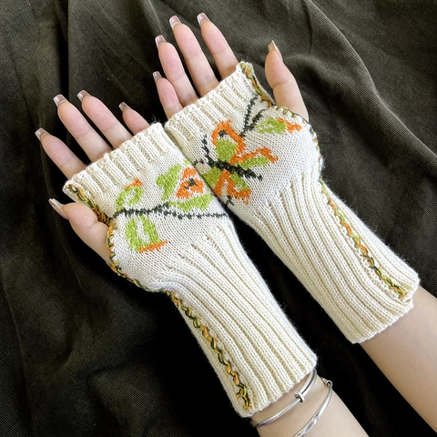 Schmetterling Blumen Jacquard Gestrickte Fingerlose Handschuhe Lange Acryl Warme Armstulpen Mit Daumenloch Winter Damen