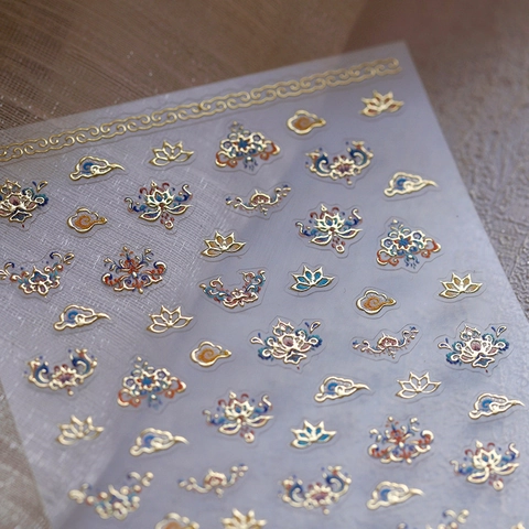 Adesivi Per Unghie Stile Tradizionale Cinese 5D Rilievo Motivo Foglia Oro Loto Nuvola Auspiciosa Adesivo DIY Decorativo Manicure