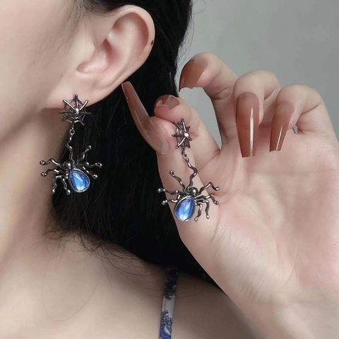 Gothic Spider Web Dangle Earrings Alloy Blue Moonstone Accents With 925 Sterling Silver Earring Post Punk Style Women