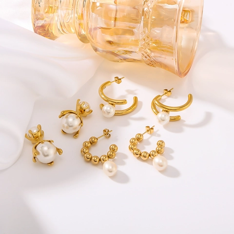 Orecchini Di Künstliche Perle In Acciaio Inossidabile Vintage Francese Da Donna Placcati Oro 18K Forma C Elegante Versatile