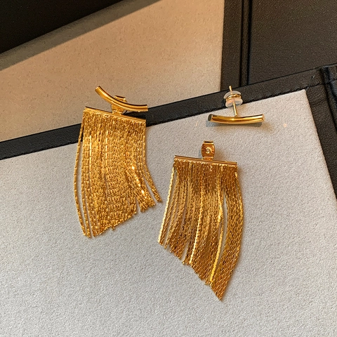 Curved Bar Long Fringe Tassel Earrings With 925 Sterling Silver Earring Post Fashion Metallic Jewelry For Women