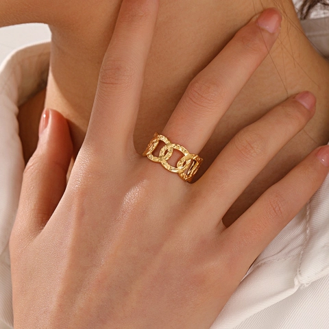 Anillo De Cadena De Acero Inoxidable Martillado Ajustable Abierto Estilo Hip Hop Punk Joyería Chapada En Oro Para Mujer