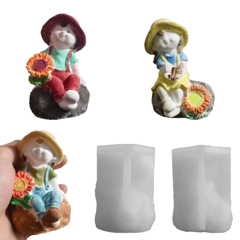 Zonnebloem Jongen Meisje Siliconen Vorm Voor DIY Handgemaakte Kaars Gips Hars Ambachtelijke Cartoon Strohoed Decor