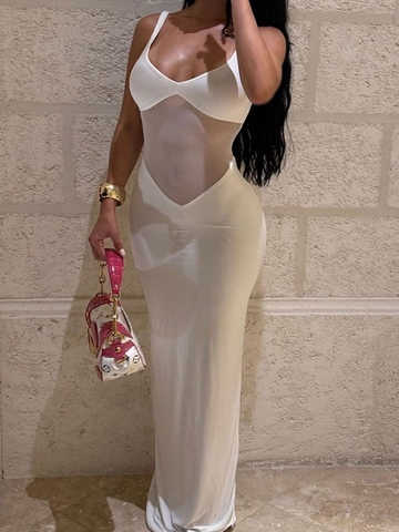 Abito Lungo Sexy Bianco Scollo A V Spalline Sottili Con Mesh Trasparente Poliestere Elastan Da Sera Clubwear