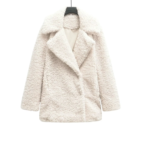 Women Faux Fur Coat Long Sleeve Lapel Teddy Fleece Jacket Warm Winter Outerwear Solid Color Casual Fashion Snap Button