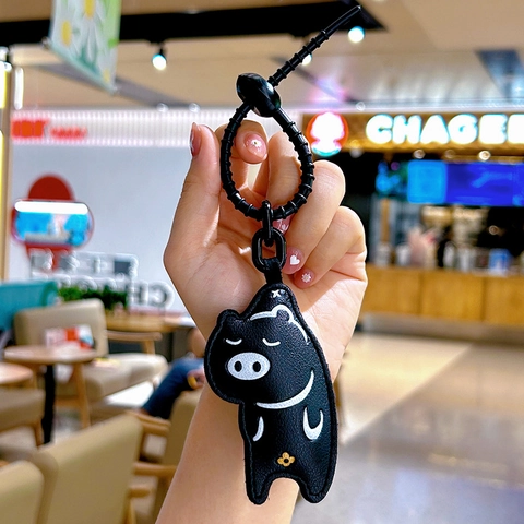 Cartoon Cat Star Shaped Keychain Black PU Leather Bag Pendant For Backpack Handbag Hanging Accessories Women Girls