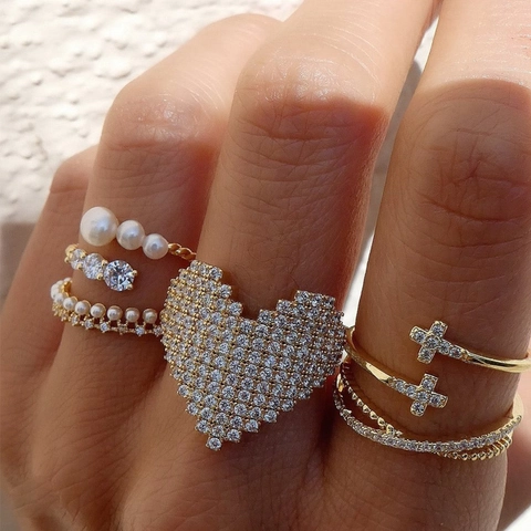 Pixel Heart Ring Copper 18K Gold Plated Micro Pave Zircon Open Adjustable Finger Jewelry Trendy Fashion Style For Women