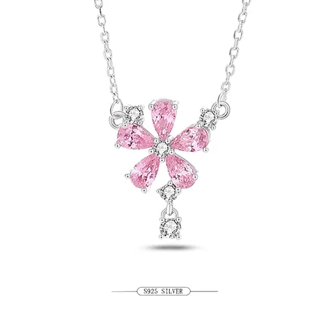 S925 Sterlingsilber Rosa Zirkonia Pfirsichblüte Anhänger Halskette Für Damen Quaste Schlüsselbeinkette Süß Blume Schmuck Accessoire