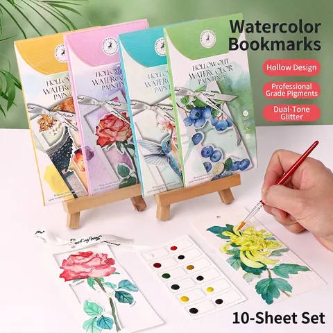 Kit Marque Page Peinture Aquarelle DIY Dessins Animaux Floraux Évidés Fournitures Artistiques Avec Pinceau Et Palette Solide
