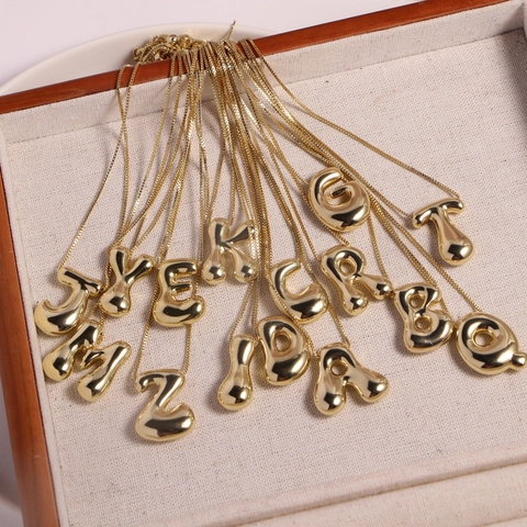 Puffy Bubble Initial Pendant Necklace 18K Gold Plated Copper Alphabet Minimalist Elegant Jewelry Women