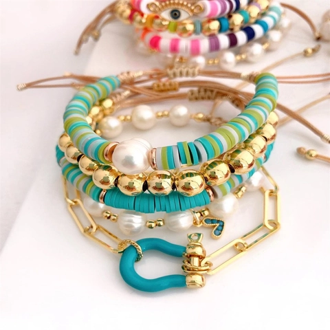 Handmade Beaded Bracelets For Women Boho Layered Artificial Pearl Soft Clay Slices Gold Metal Beads Evil Eye Heart Charm