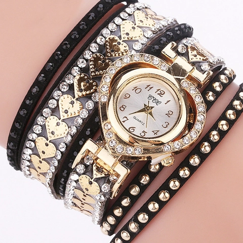 Women Wrap Around Bracelet Watch Rhinestone Heart Shaped Dial Multi Layer PU Leather Strap Quartz Analog Fashion