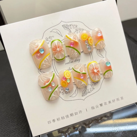 Handmade Summer Fruit Lemon Lime Press On Nails 3D Relief Rhinestone Decorative False Nails With Tool Kit For Women
